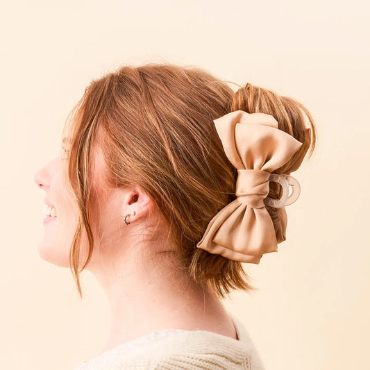 Satin Bow Claw Clip Beige